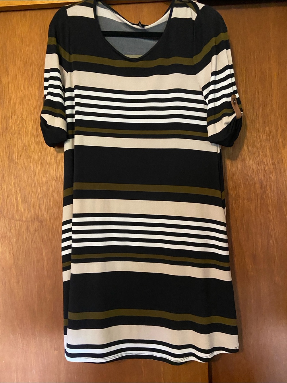 Alyx Striped Scoop Neck Midi Dress in Black, Cream & Olive